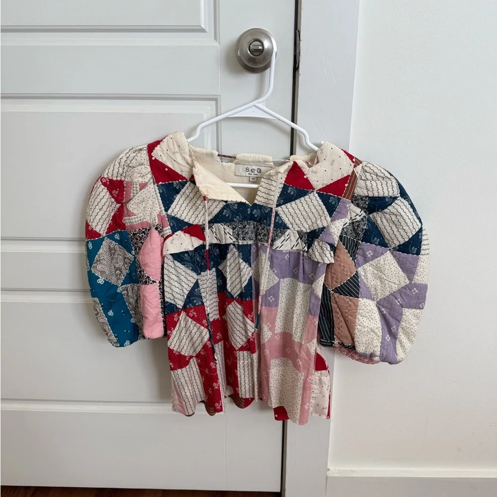 Sea New York Patchwork Puff-Sleeve Blouse in Red, Blue, Pink, Purple, Cream - Picture 2 of 3